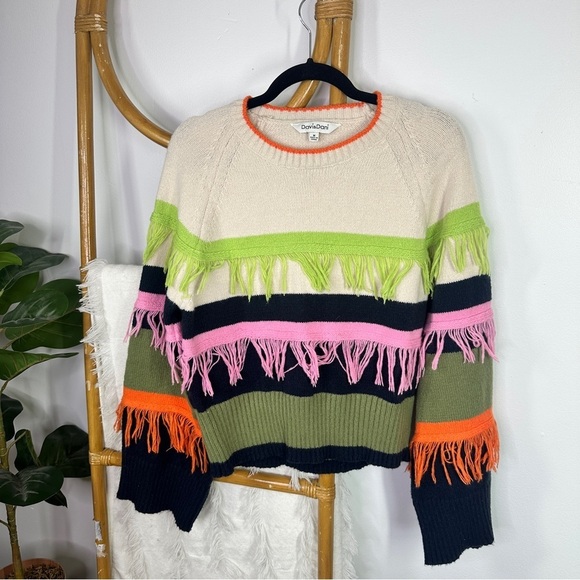 DAVI & DANI Sweaters - Davi & Dani Striped Boho Colorful Fringe Cropped Sweater sz M